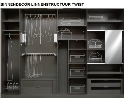 Nolte interieur kast,linnenstructuur TWIST, laden,roede,plank,kledinglift, spiegel, schoenenrek